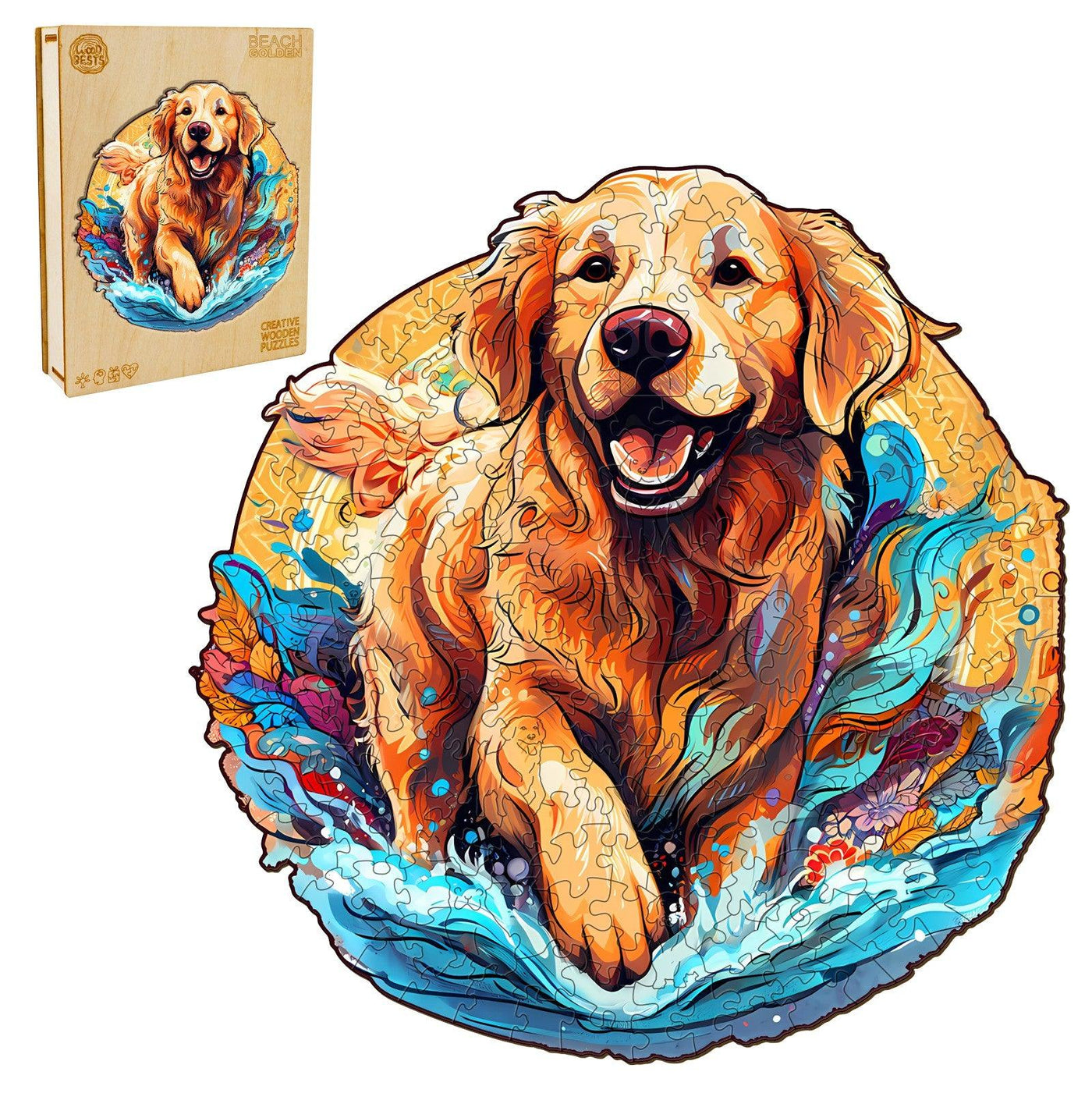 Beach Golden Retriever Wooden Jigsaw Puzzle