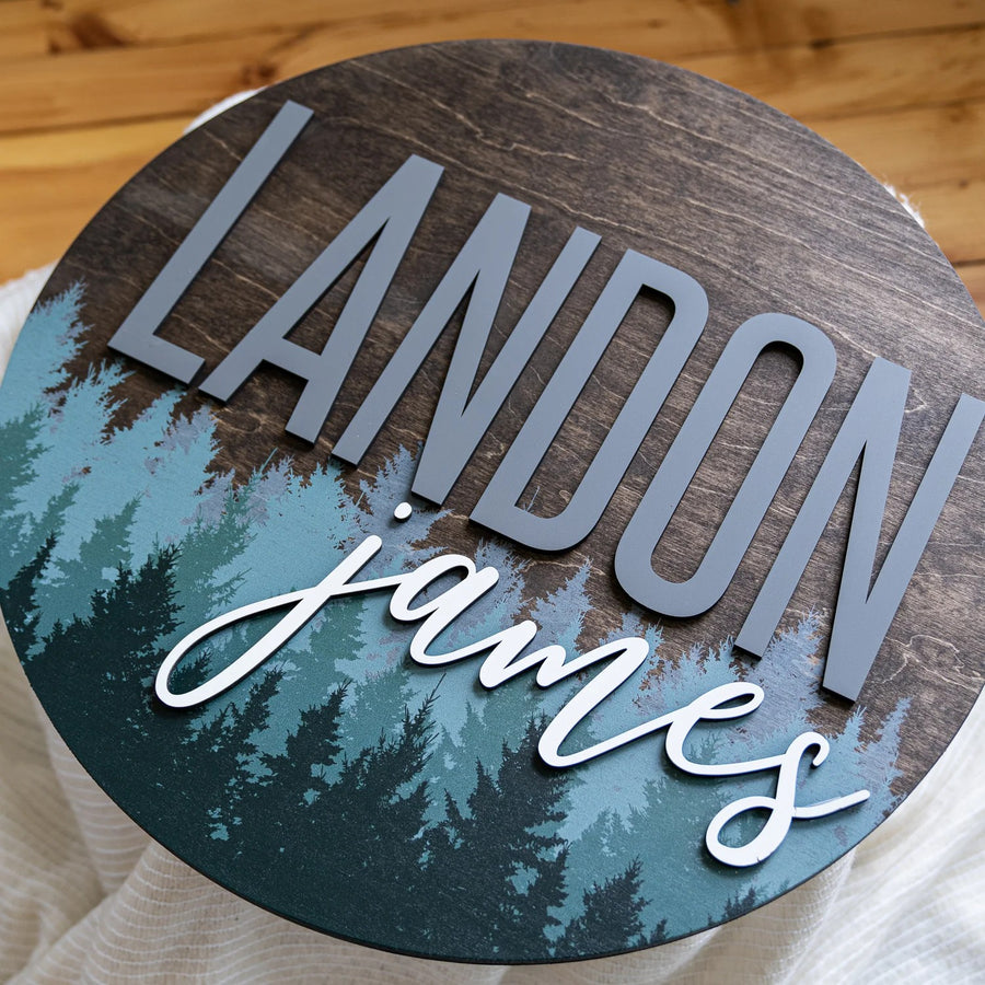Landon James Round Name Sign, Pinetrees theme, Custom Name Sign for Nursery
