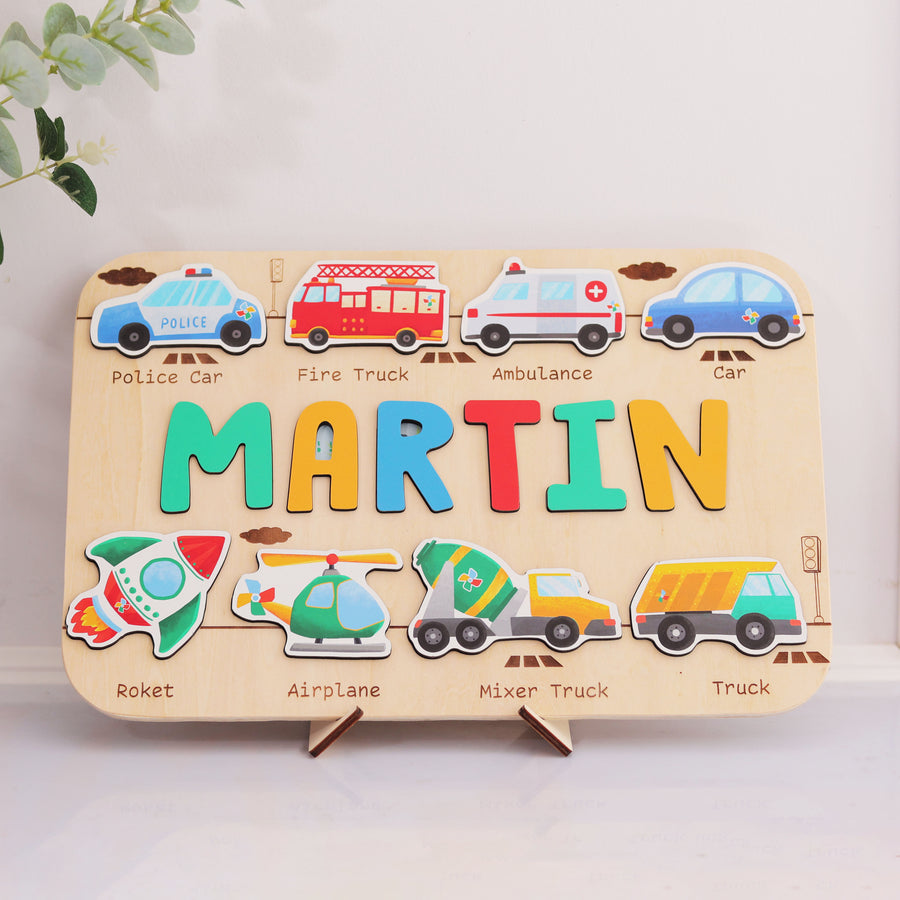 Personalized Name Puzzle with Vehicle Collection , Custom Baby Gifts, Early Learning Toys