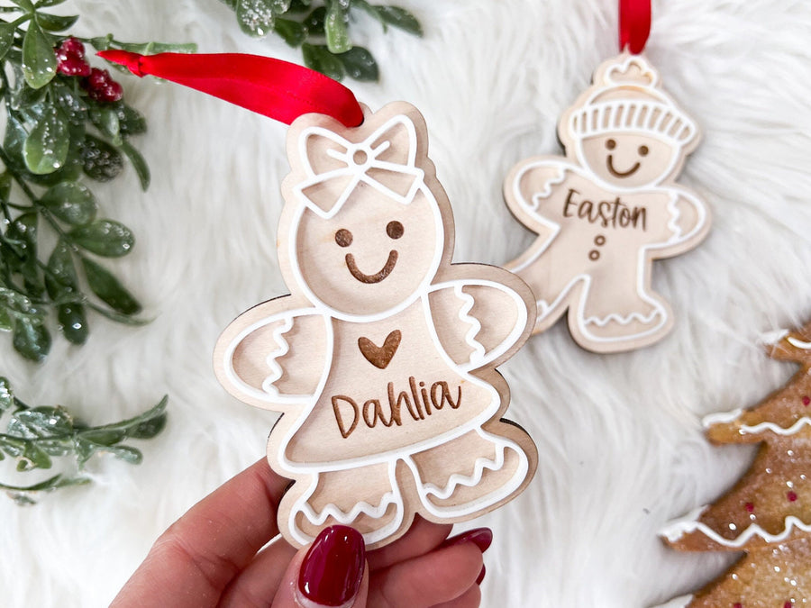 Gingerbread Ornament with Kids Name, Personalized Family Christmas Ornament, Boy Girl Personalized Gingerbread Tag, Custom Wooden Ornament