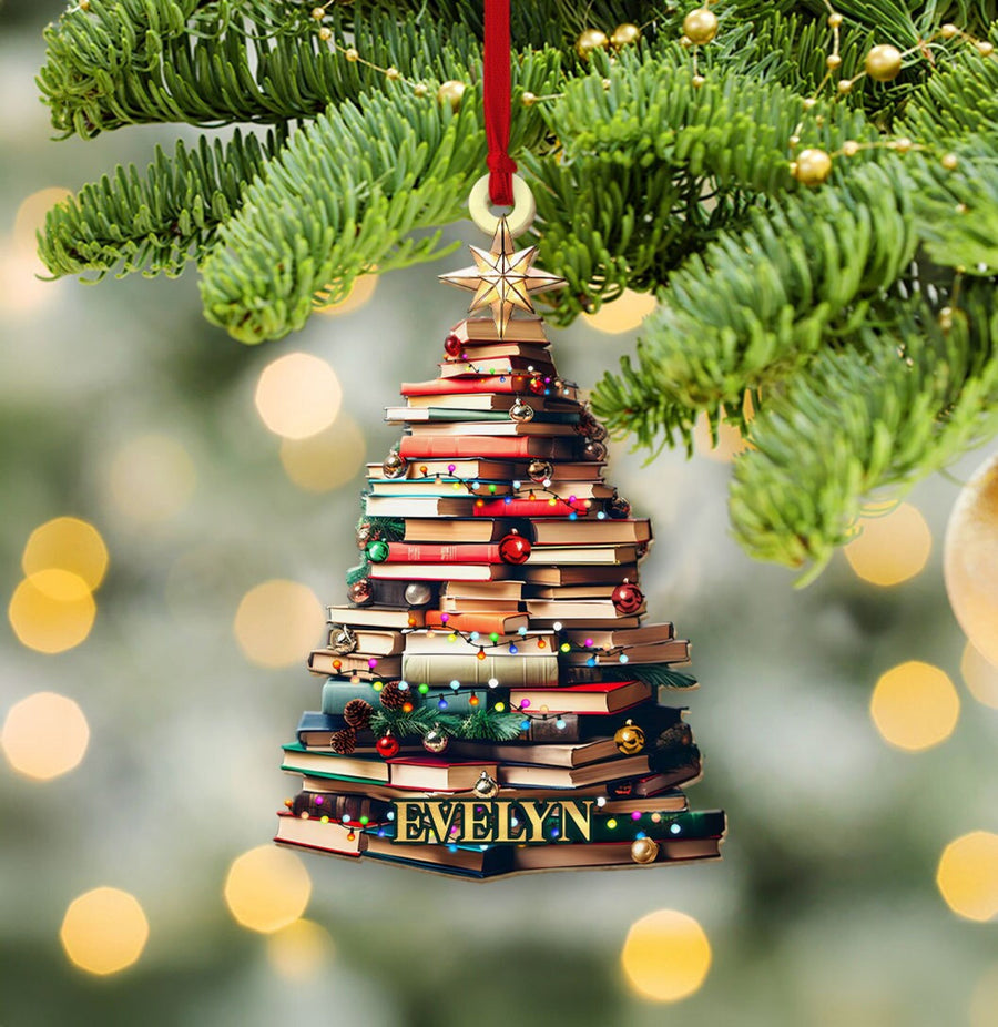 Personalized Christmas Book Tree Name Ornament, Custom Bookish Ornament, Book Lover Gift, Bookworm Gifts, Book Club Ornament, Librarian Gift