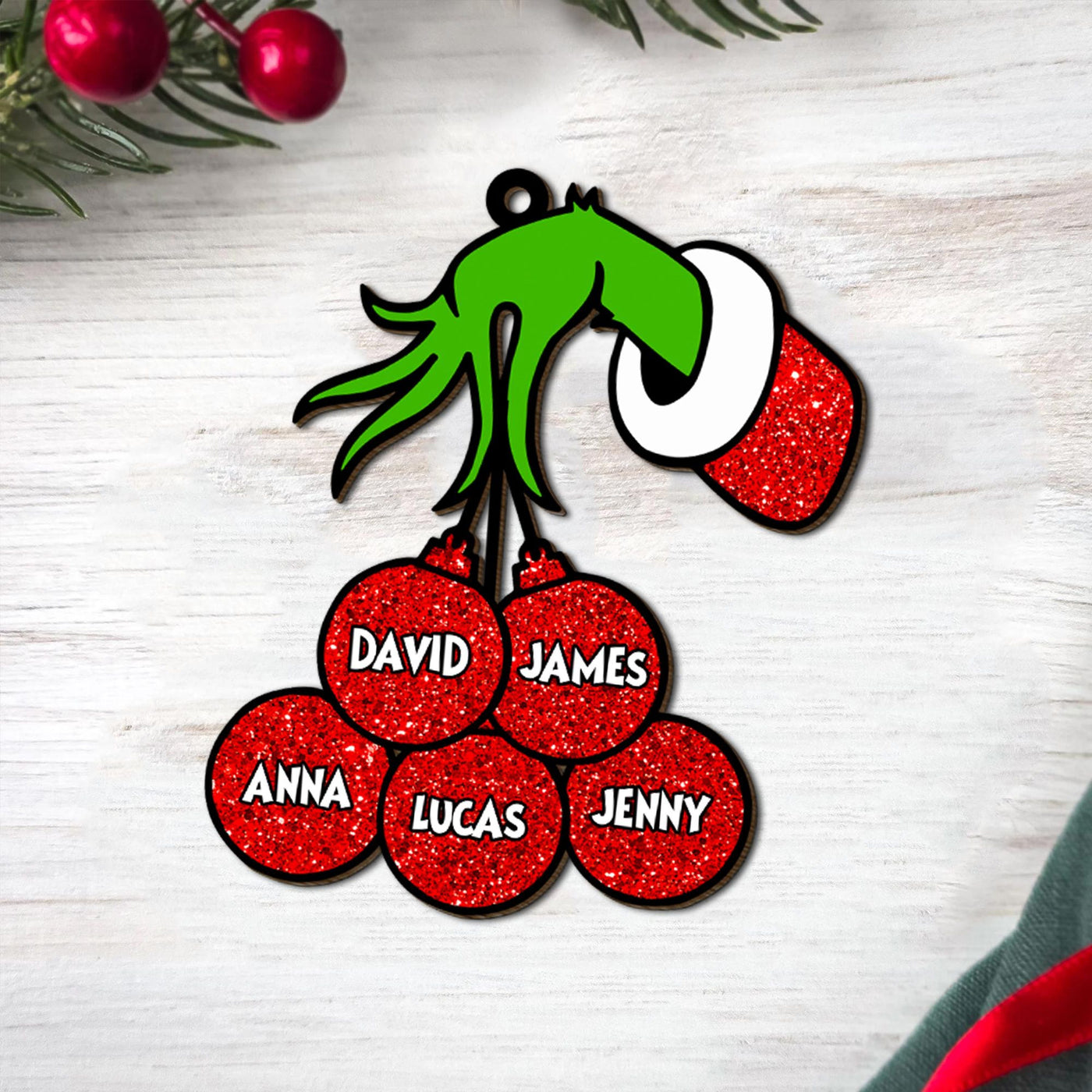 Personalized Grinch Ball Christmas Ornaments, Custom Family Name with Ball Ornament, Grinch Hand Xmas Tree Gift, Christmas Gift for Family