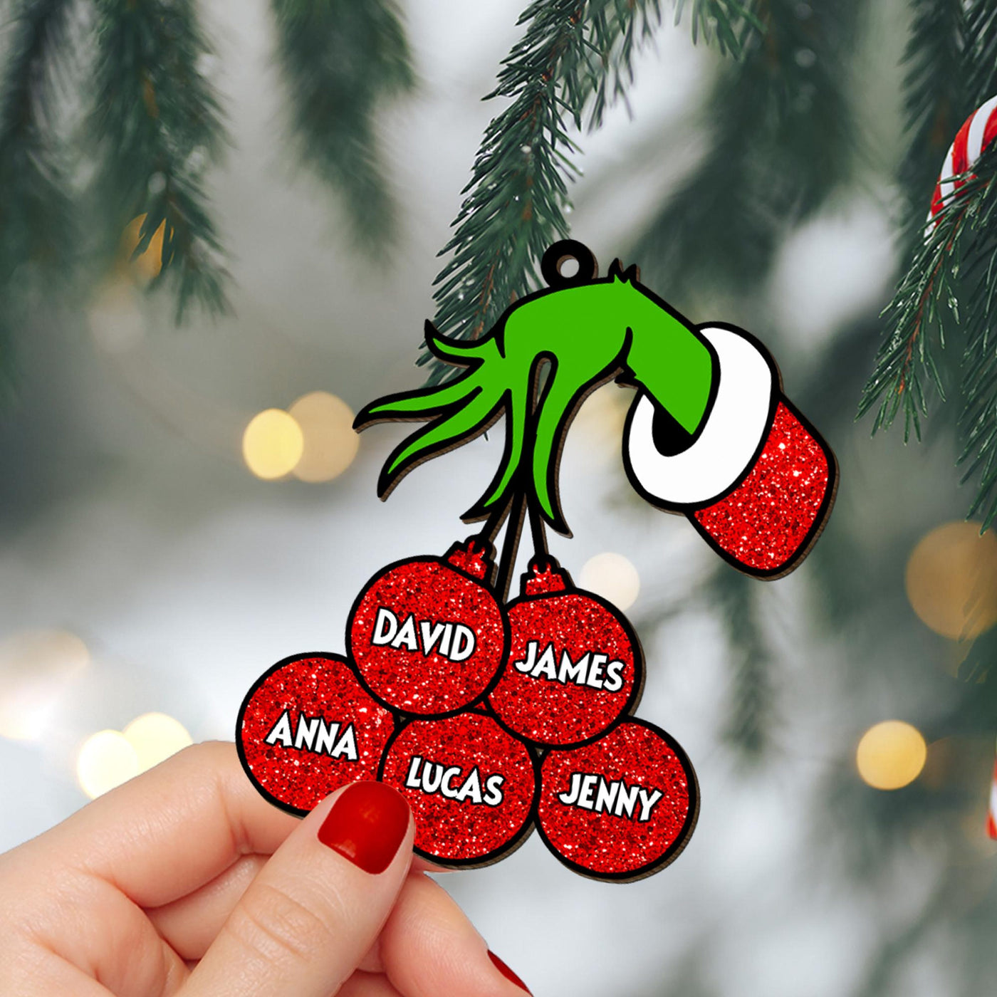 Personalized Grinch Ball Christmas Ornaments, Custom Family Name with Ball Ornament, Grinch Hand Xmas Tree Gift, Christmas Gift for Family