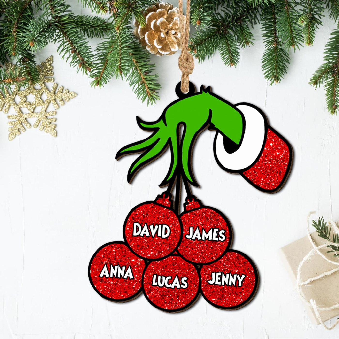 Personalized Grinch Ball Christmas Ornaments, Custom Family Name with Ball Ornament, Grinch Hand Xmas Tree Gift, Christmas Gift for Family